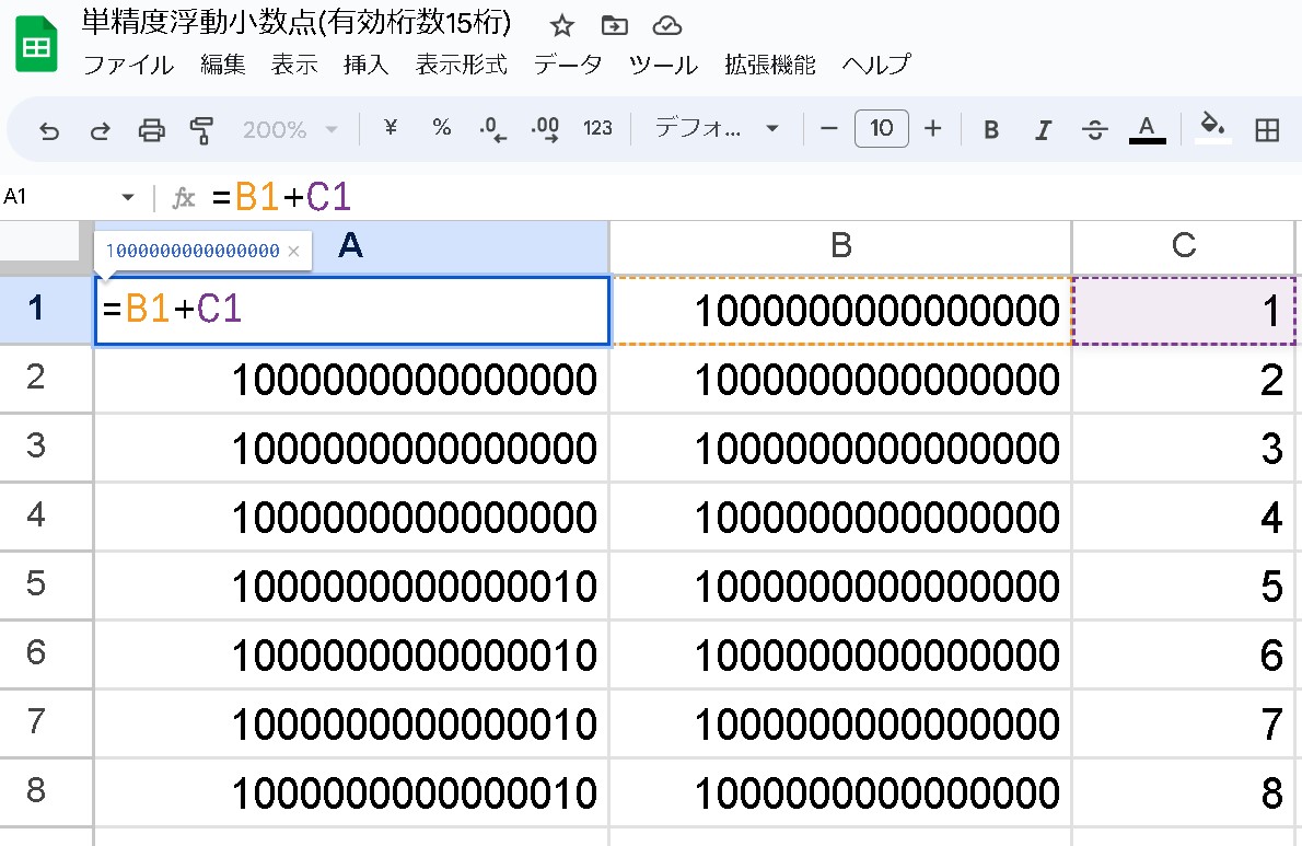 単精度浮動小数点(有効桁数15桁)【スプレッドシート】