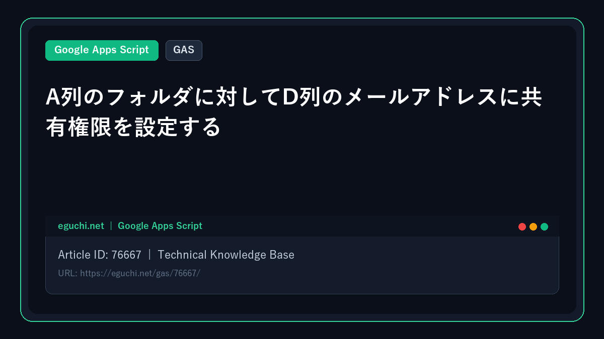 【GAS】A列のフォルダに対してD列のメールアドレスに共有権限を設定する