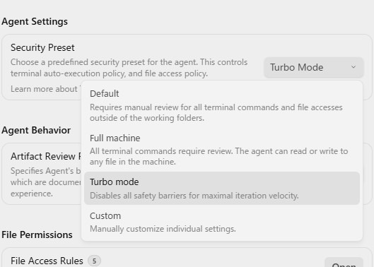 Google Antigravity Agent Settings Security Preset 設定画面