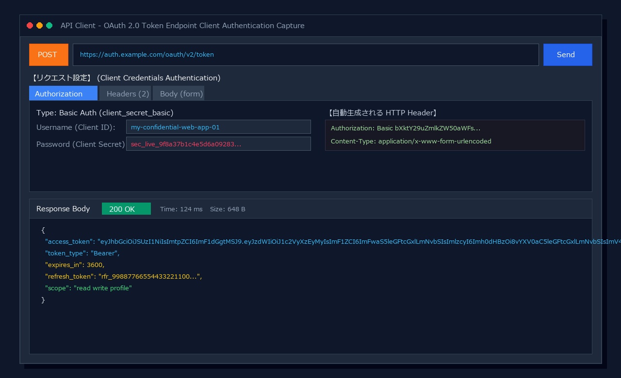 OAuth 2.0 クライアント認証のToken Endpointリクエストとレスポンスのキャプチャ画面