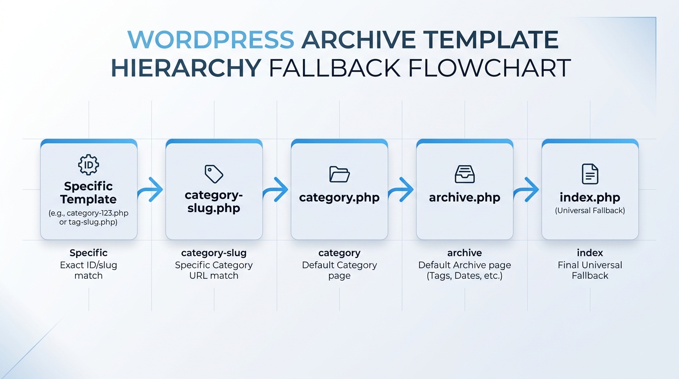 WordPress アーカイブ テンプレート階層 フォールバック フローチャート