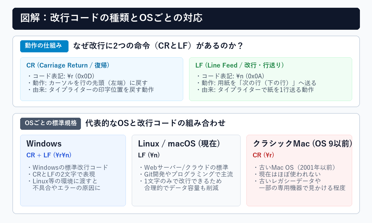 改行コードの種類とOSごとの対応（CRとLFの動作比較図解）