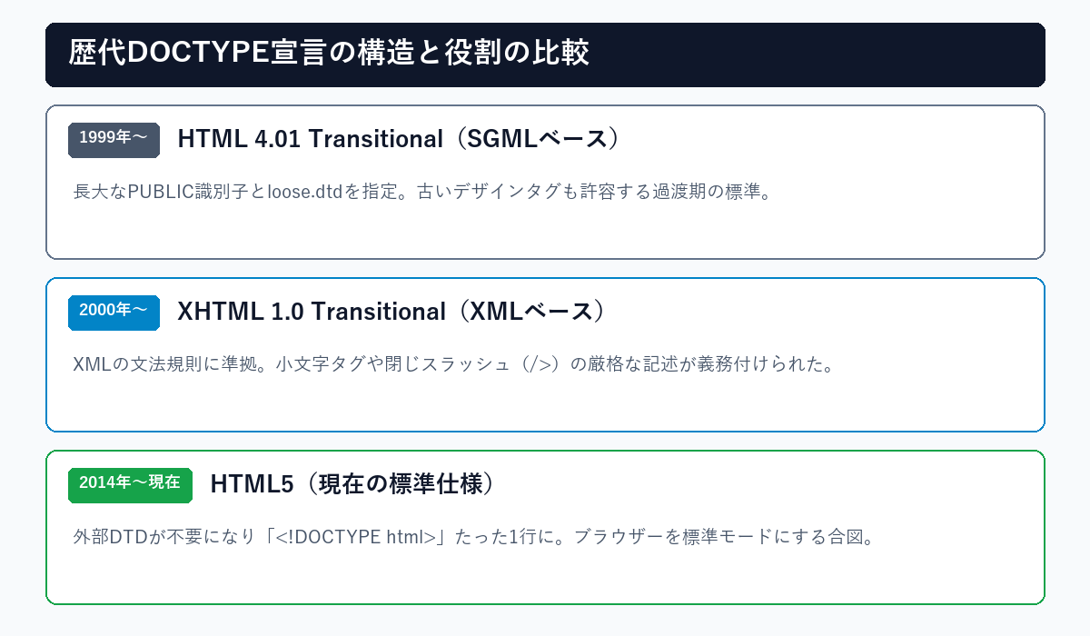 歴代DOCTYPE宣言の構造と役割の比較図解