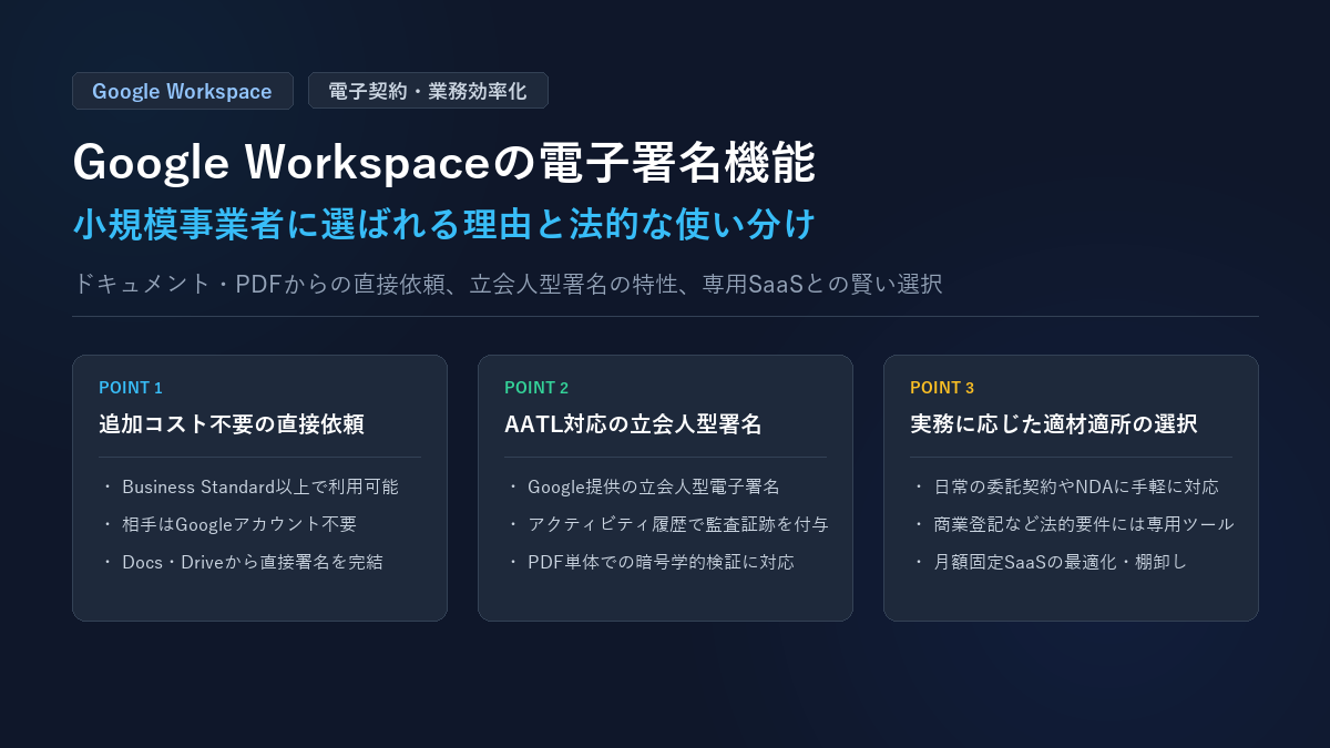 Google Workspaceの電子署名機能とは？小規模事業者に選ばれる理由と法的な注意点・専用ツールとの使い分けを解説