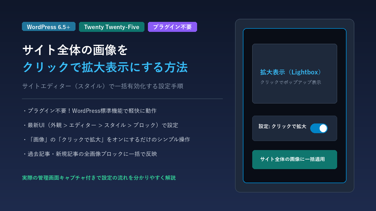 WordPressでサイト全体の画像を拡大表示(ライトボックス)にする設定方法:Twenty Twenty-Five対応のサイトエディター手順
