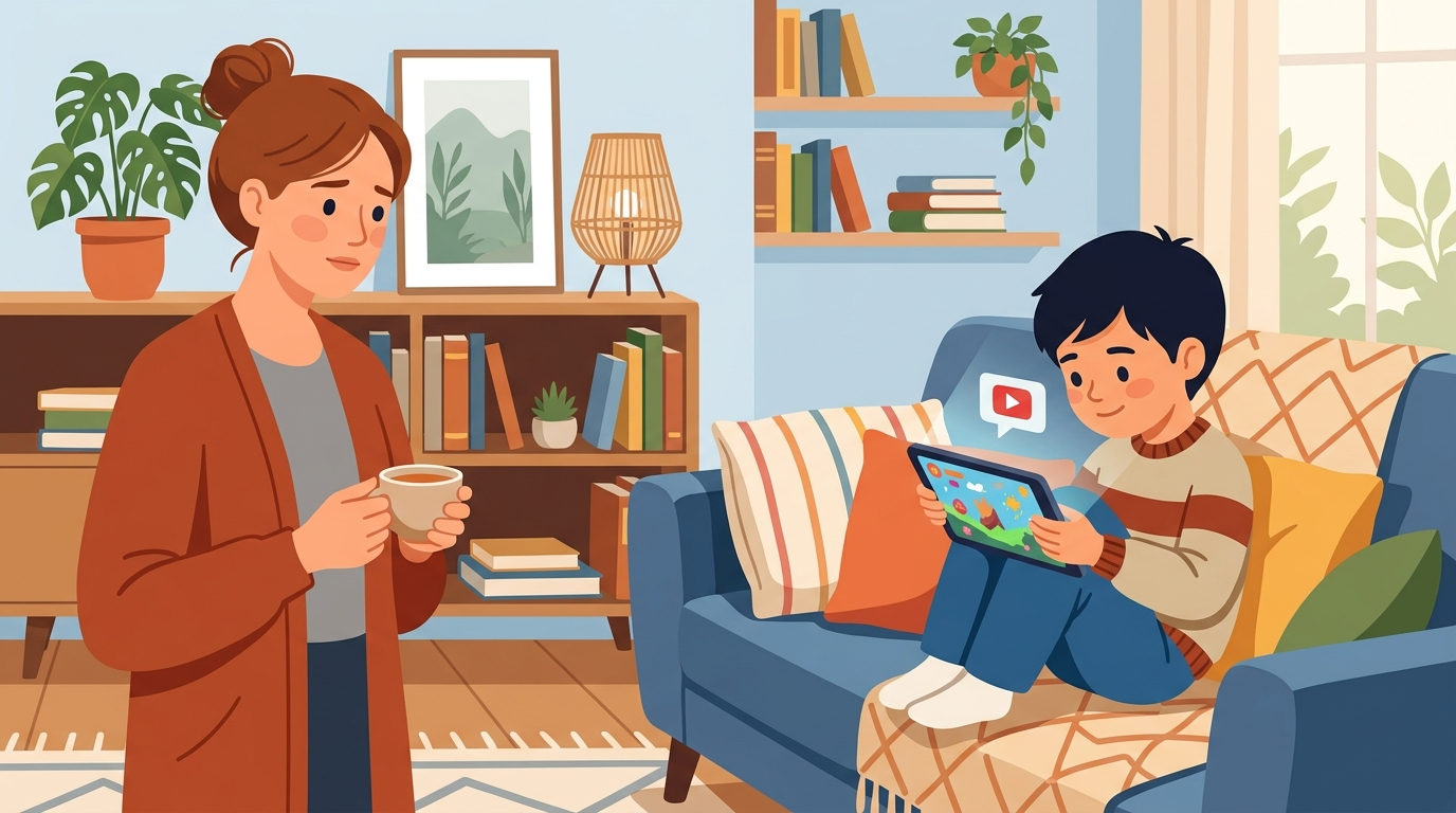 画面に夢中になる子どもと心配そうに見守る親のイラスト