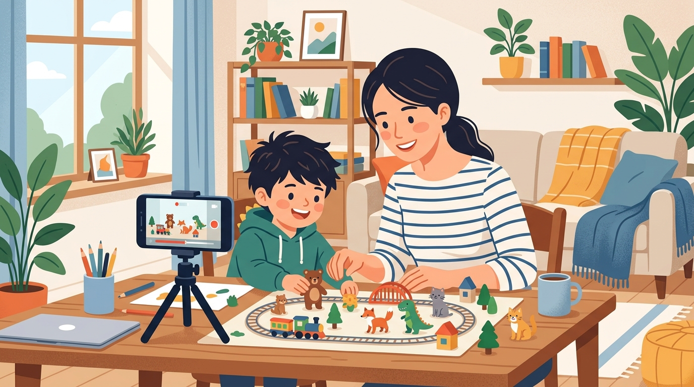 身近なスマホとおもちゃで動画づくりを楽しむ親子のイラスト