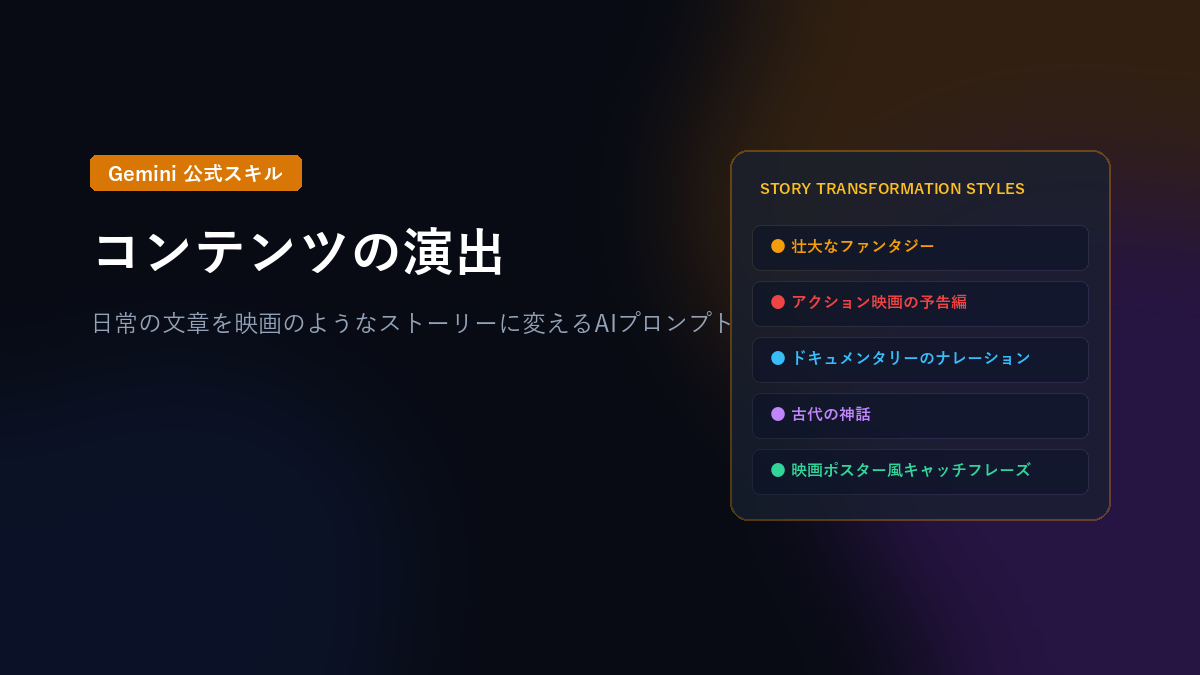 Geminiの「コンテンツの演出」スキルとは？文章をドラマチックな物語に変える公式プロンプトの仕組みと活用法