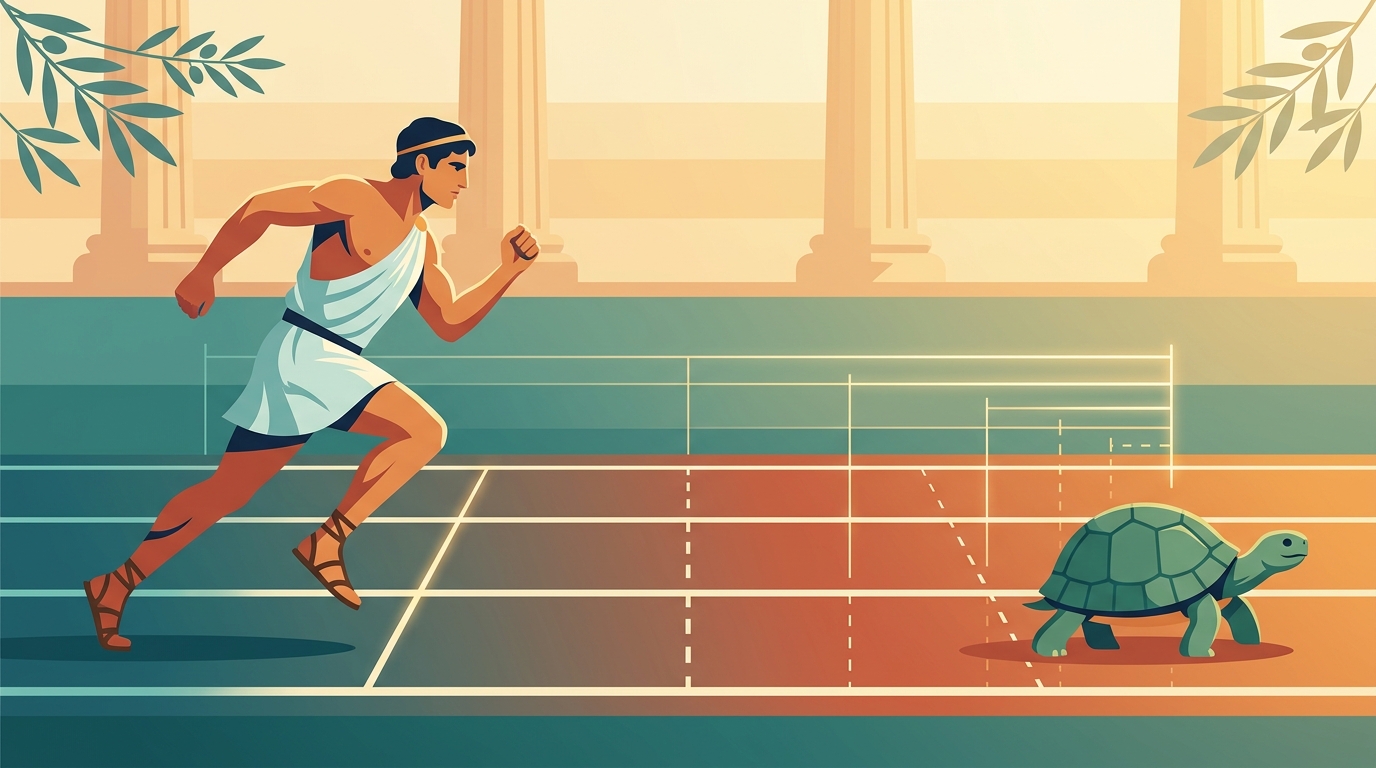 古代ギリシャの競技場で亀を追いかける俊足のアキレスのイメージイラスト