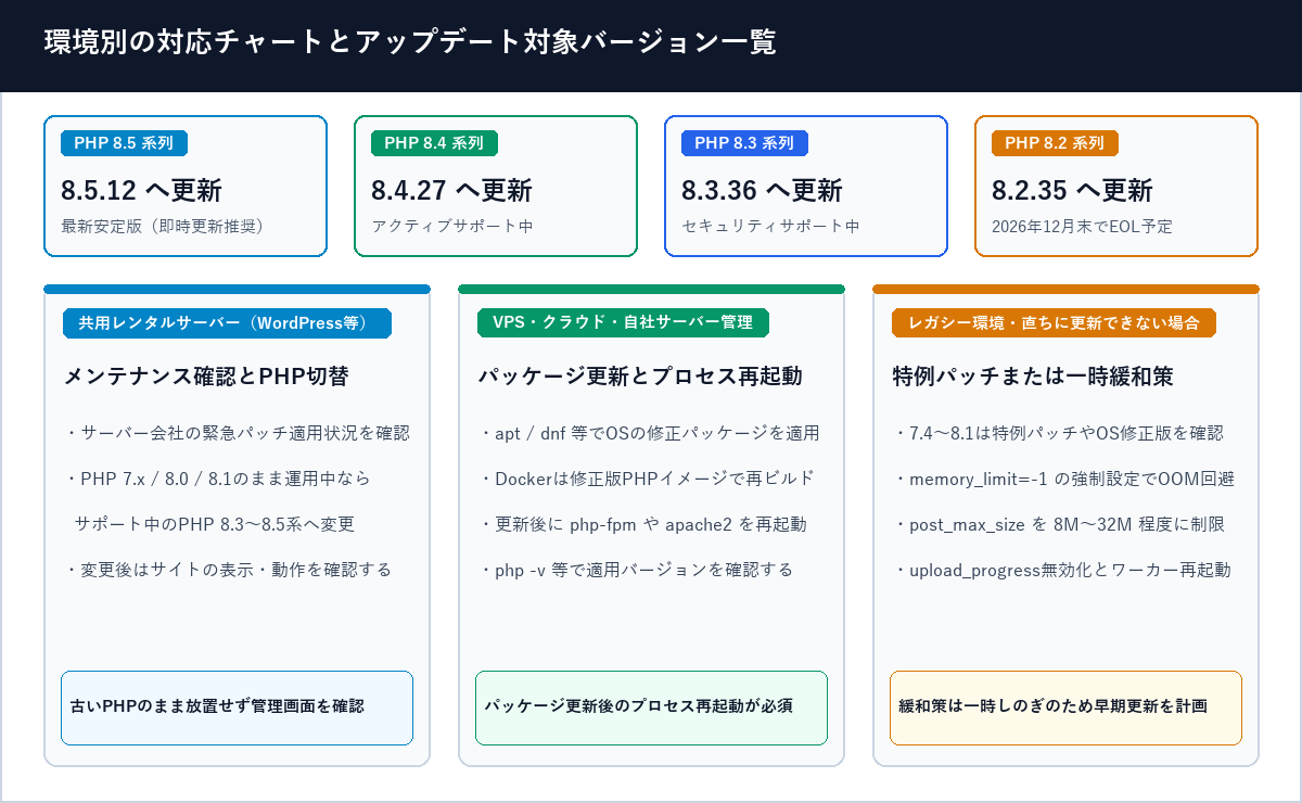 環境別の対応チャートとアップデート対象バージョン一覧の図解