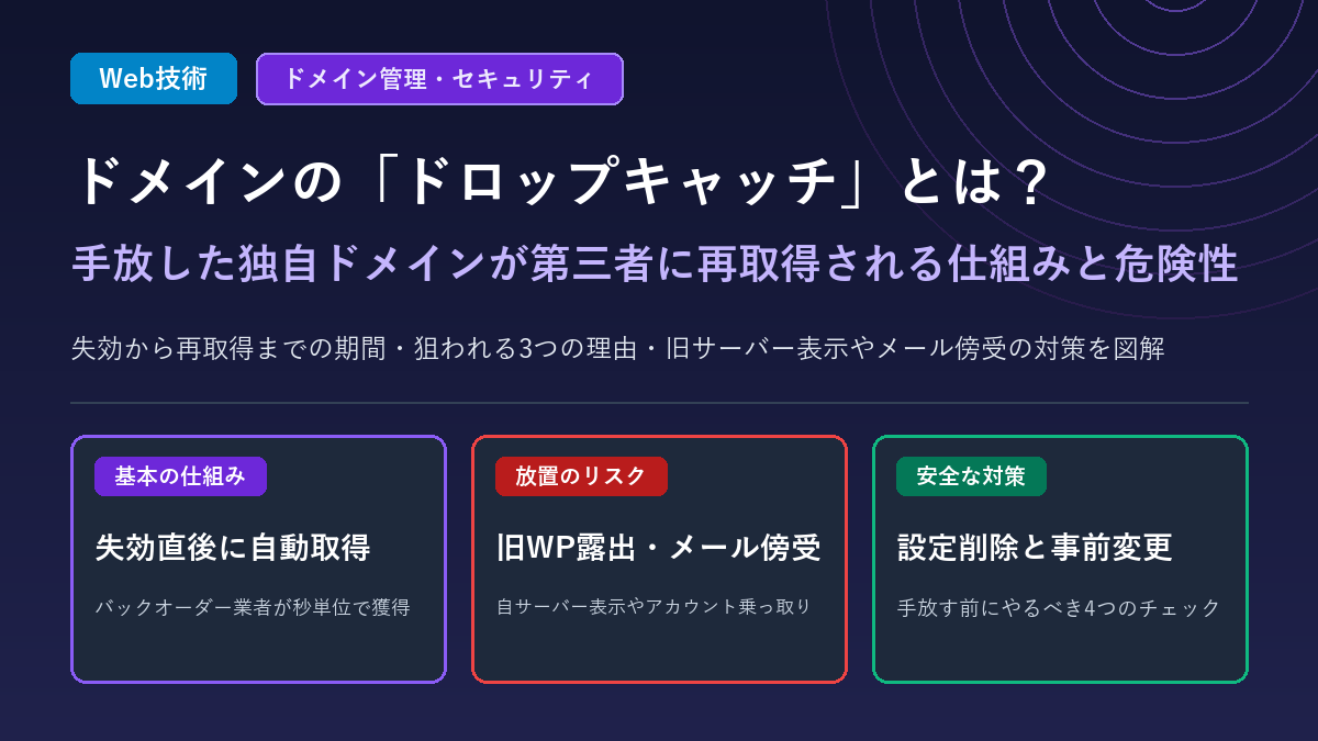 有効期限切れで手放した独自ドメインが第三者やバックオーダー業者に再取得されるドロップキャッチの仕組み・リスク・対策を図解するアイキャッチ画像