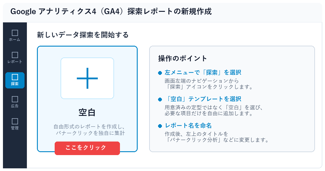 GA4探索レポートの新規作成画面（空白テンプレートの選択）