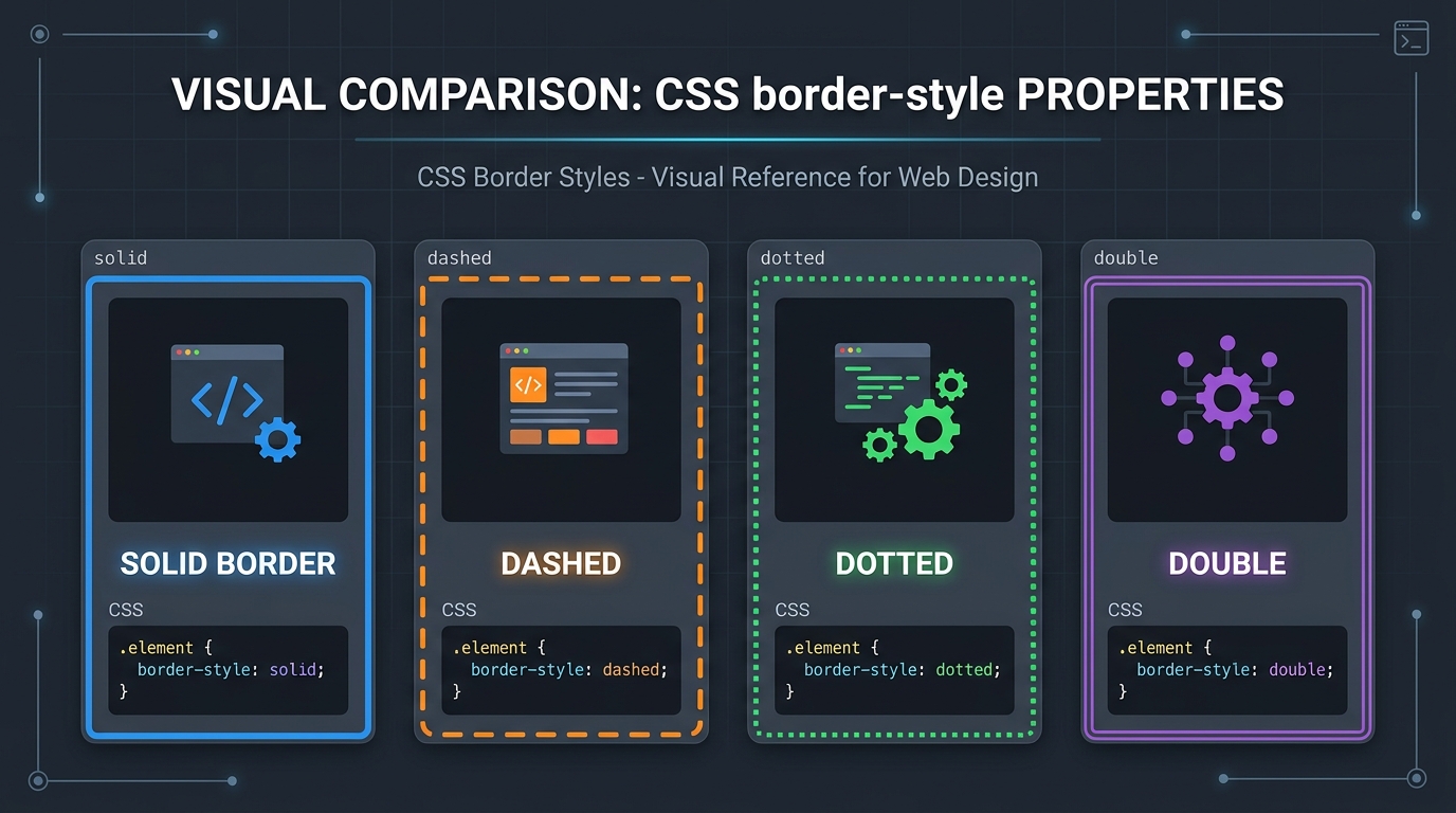 CSS border-style プロパティの視覚的比較（solid, dashed, dotted, double）
