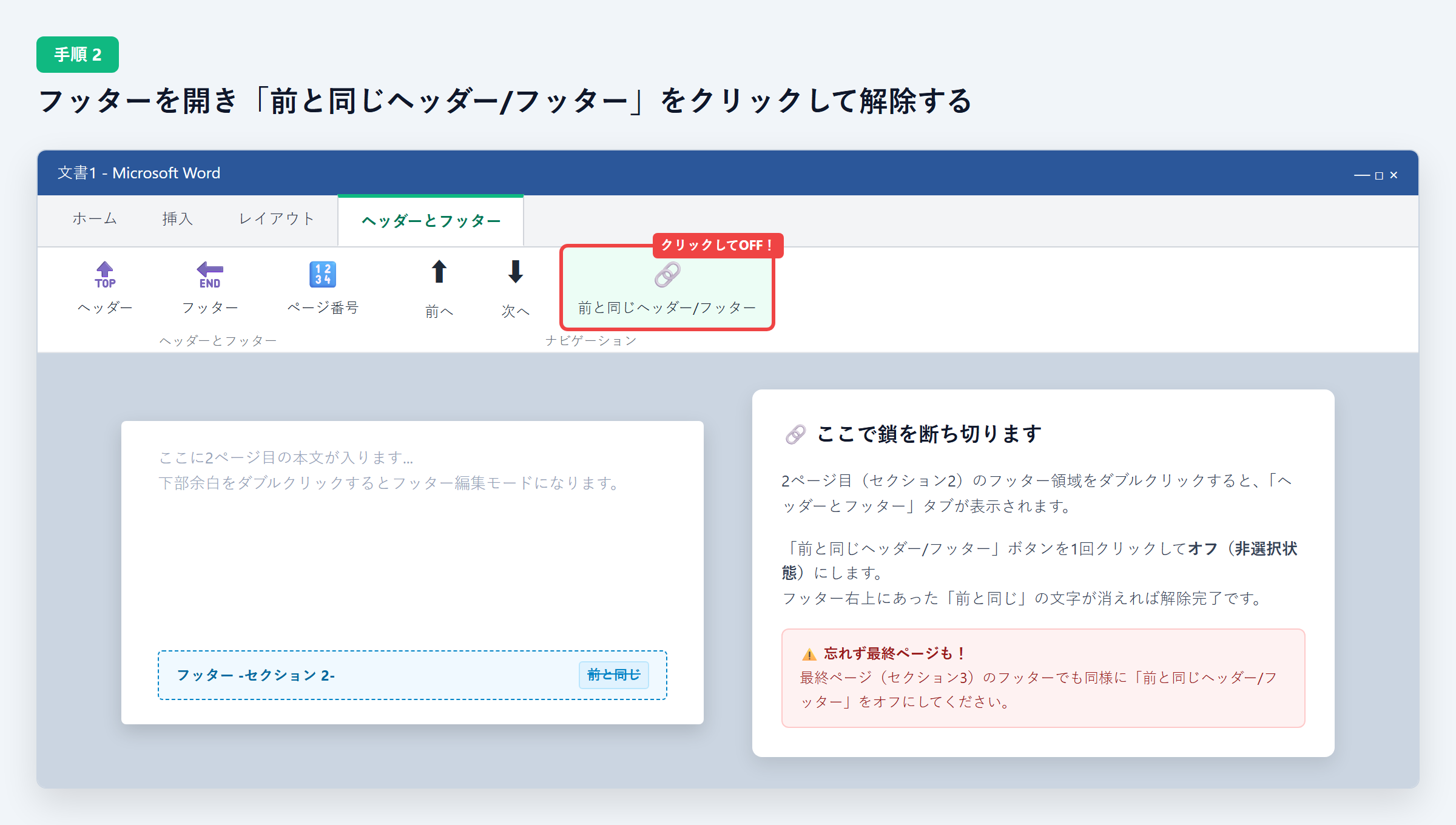 Wordのヘッダーとフッタータブから前と同じヘッダーフッターを解除する操作画面キャプチャ
