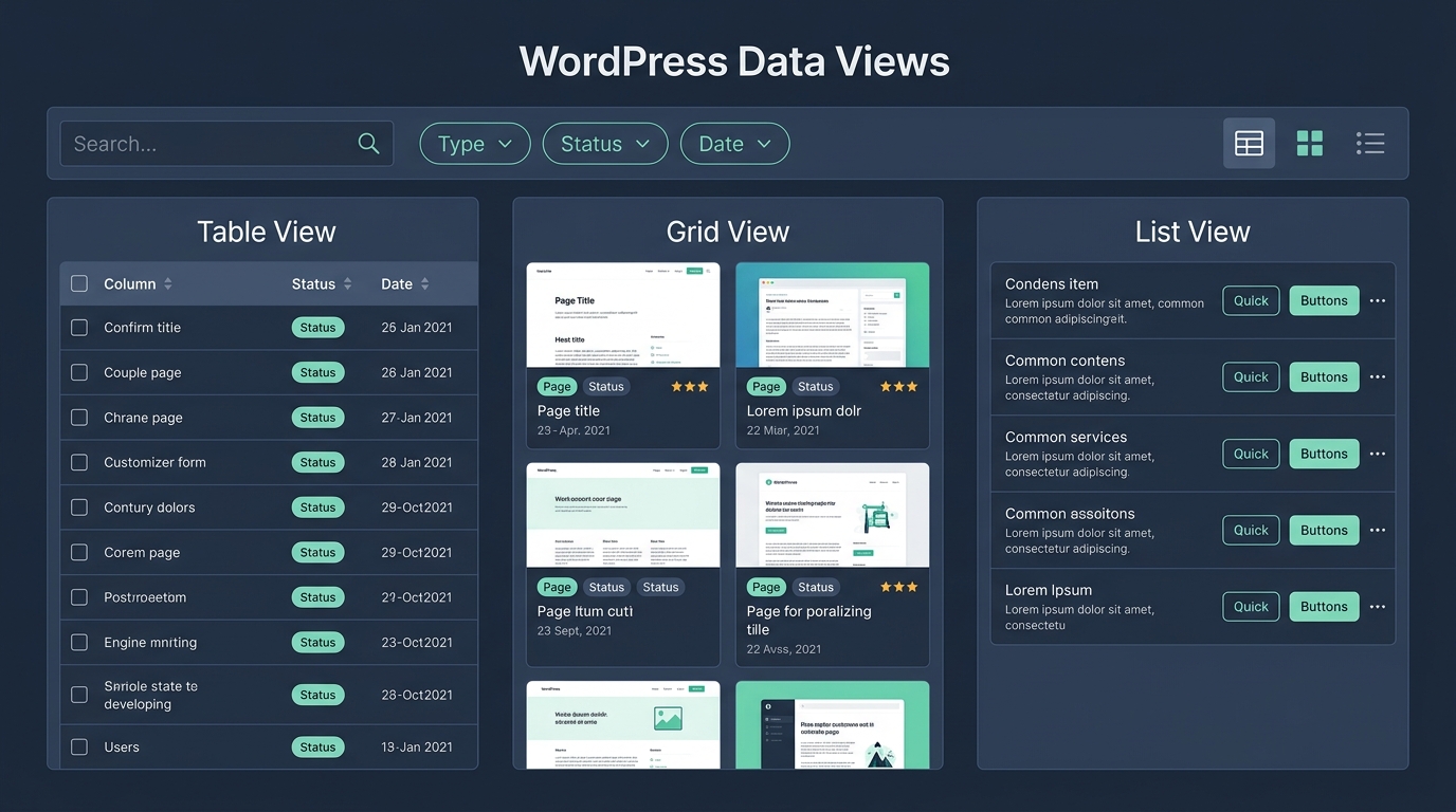 WordPress Data Viewsの3つの表示レイアウト（Table, Grid, List）比較図